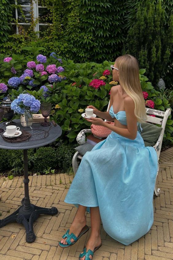 2 Pieces Sleeveless Light Sky Blue Satin Prom Dress