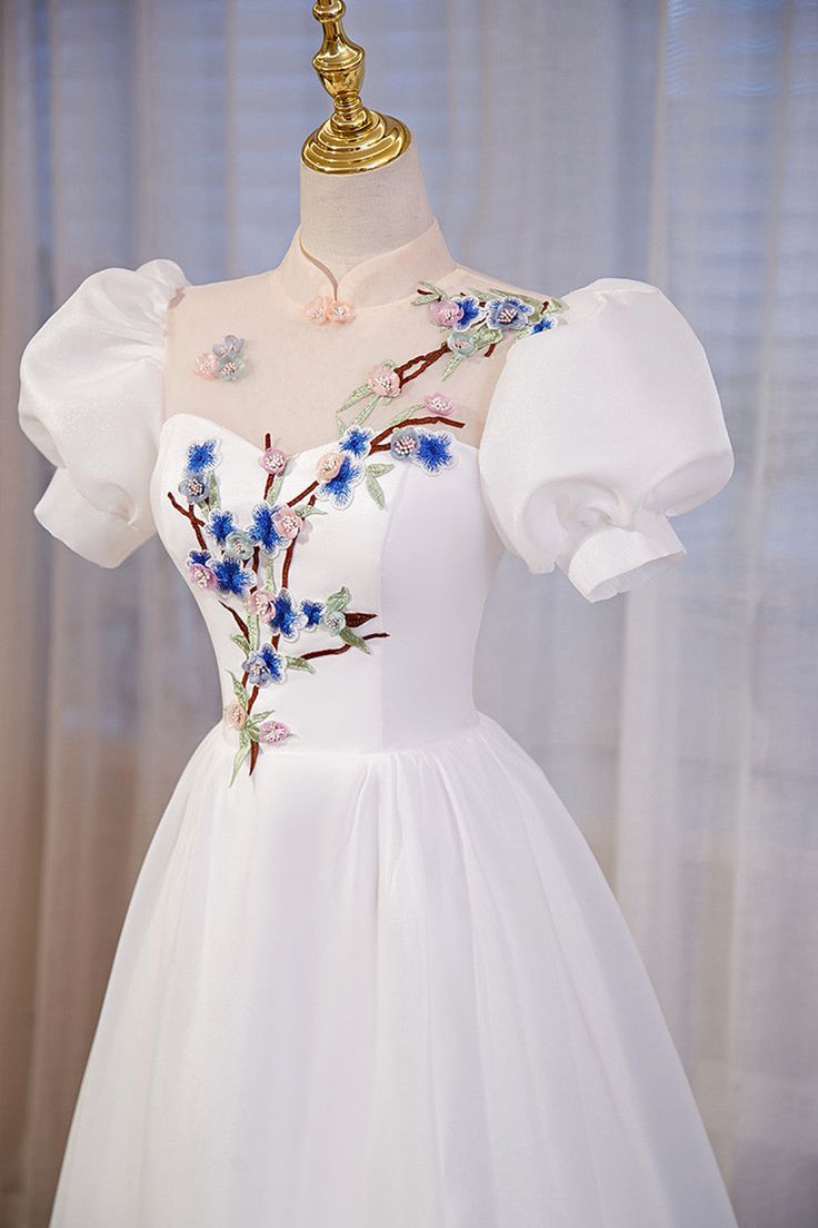 High Neckline A-line Short Sleeves Party Dress, Long Formal Dress