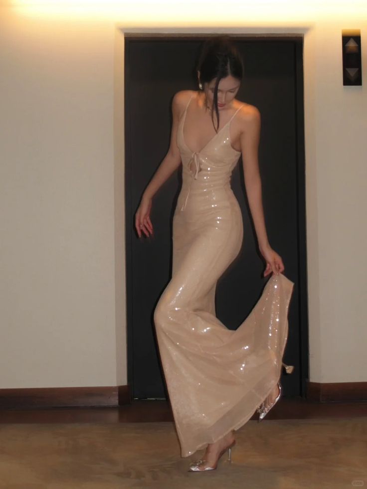 Champagne Sequin Shiny Long Prom Dress Evening Party Dresses