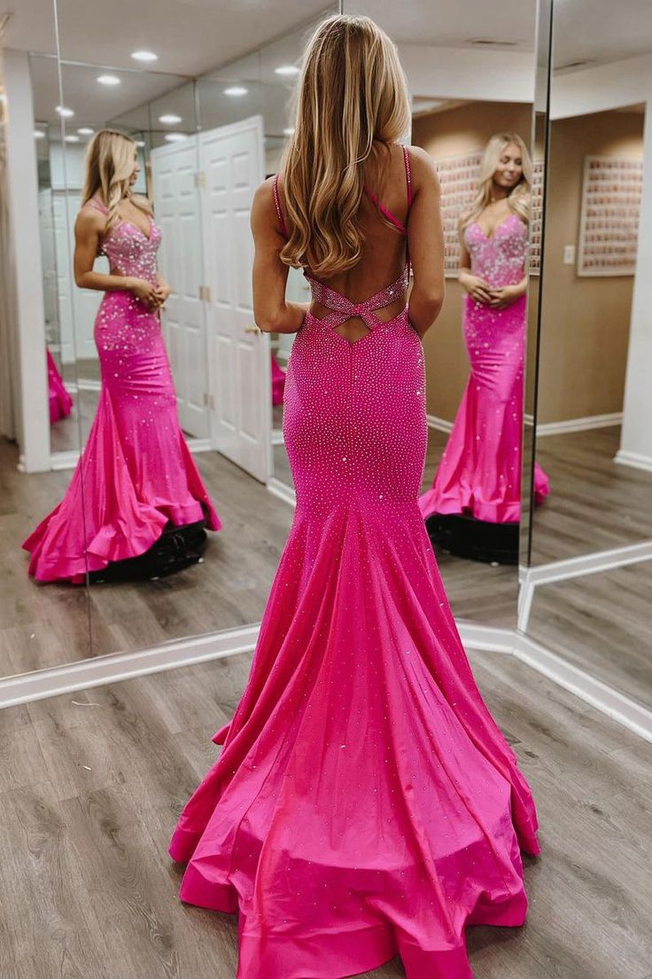 Hot Pink V Neck Satin Mermaid Long Prom Dresses with Beaded