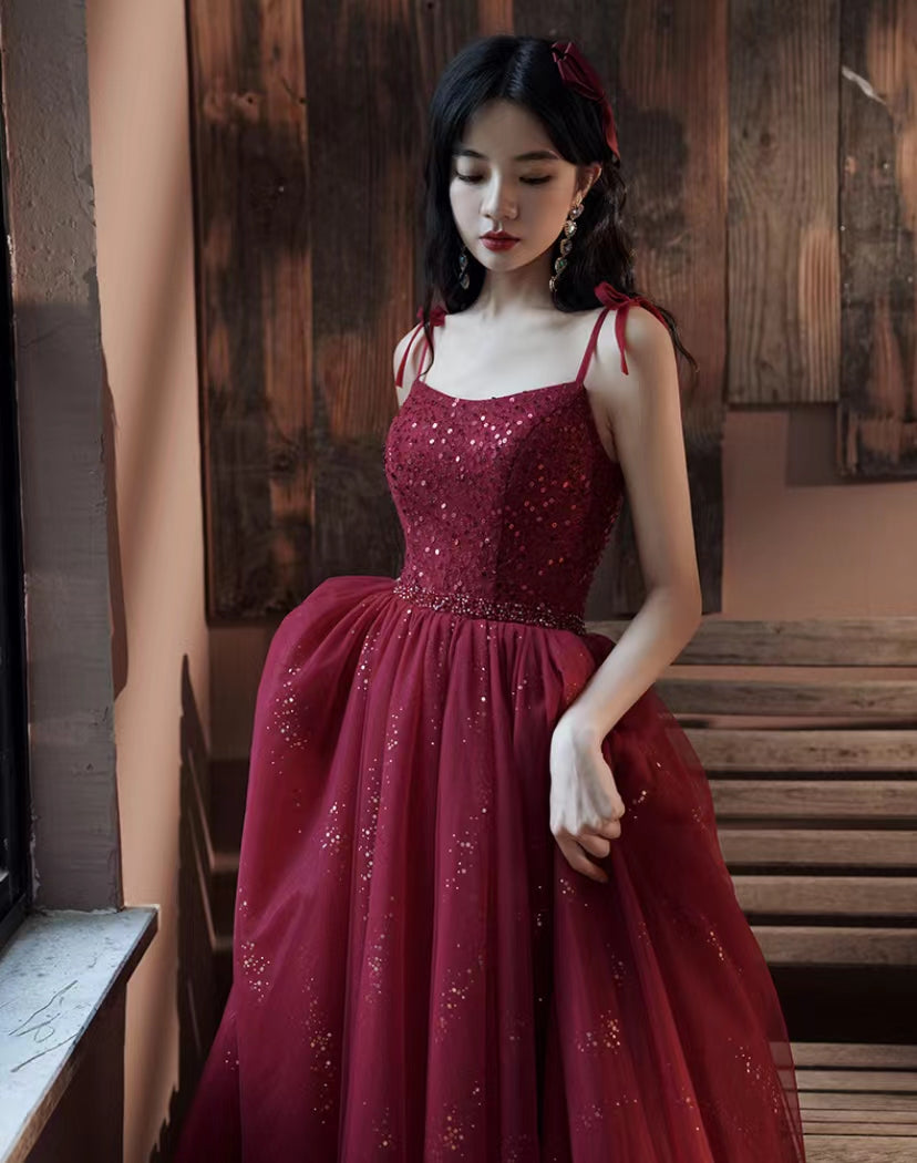 Spaghetti Strap Evening Dress ,dark red Birthday Dress, Sweet Party Dress,custom Made