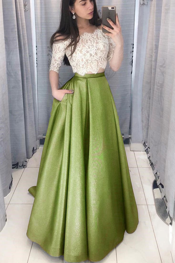 Two Piece Long Prom Dress with White Lace Top