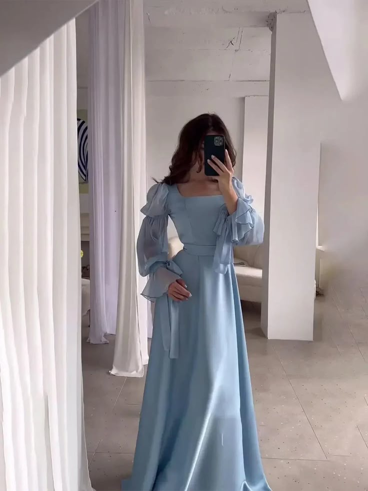 Light Blue Puff Sleeves Long Evening Dress