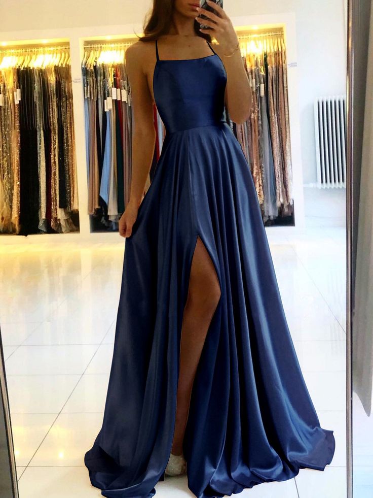 Women Prom Dress Spaghetti Strap Satin Slit Side Dress A-line Prom Dress