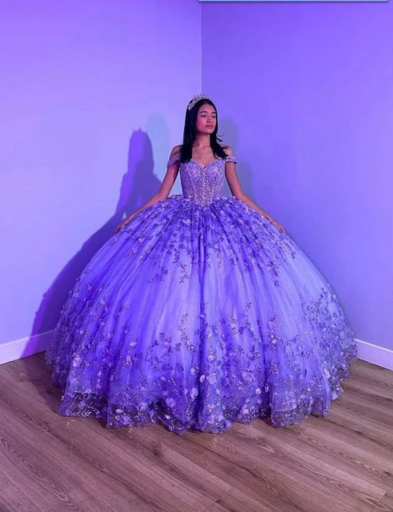 Purple Shiny Puffy Princess Quinceanera Dresses Off Shoulder Beads 3D Floral Gillter Sequins Lace-up Corset Vestidos 15 anos rosa