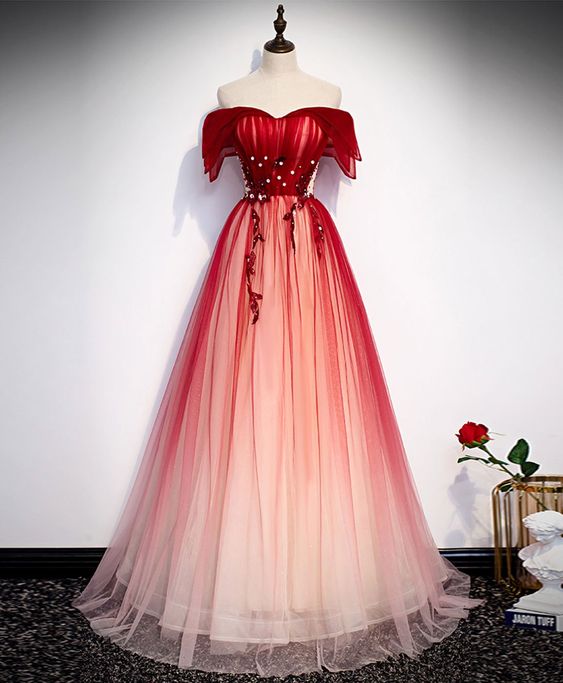 Burgundy Off Shoulder Tulle Long Prom Dress, Burgundy Formal Dress