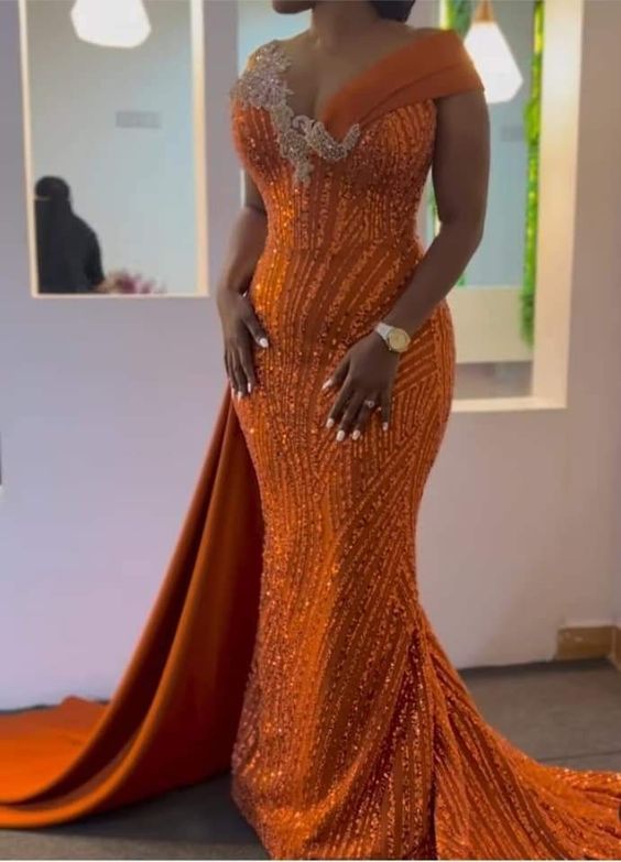 Sequined African Dress,Custom Mermaid Long Orange Evening Dress