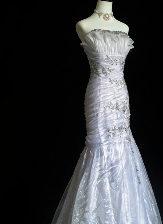 Elegant Strapless White Tulle Beaded Mermaid Long Party Dress Birthday Prom Dress