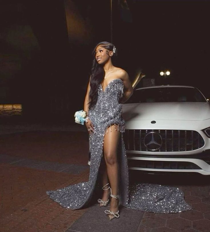 Women Prom Dress Silver Gray Mermaid Sequin Evening Dress