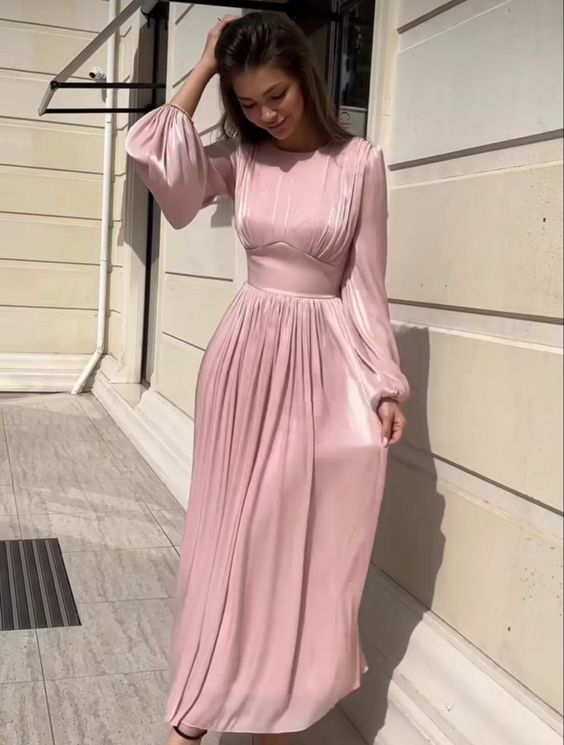 A Line Pink Dresses Long Sleeves Prom Dress