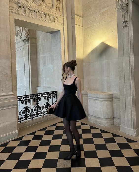 black mini wedding dress evening dress, square neck above knee Party Dress