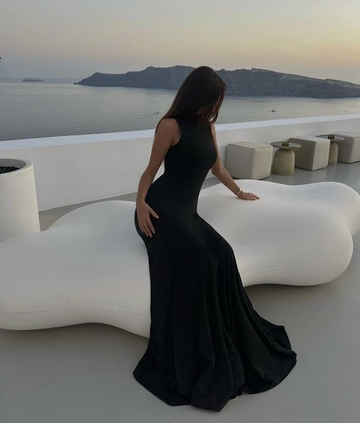 High Neck Sexy Black Evening Dress Long Prom Dresses