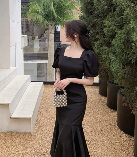 Puff-Sleeve Square-Neck Mermaid Dress,Vintage Black Prom Dress