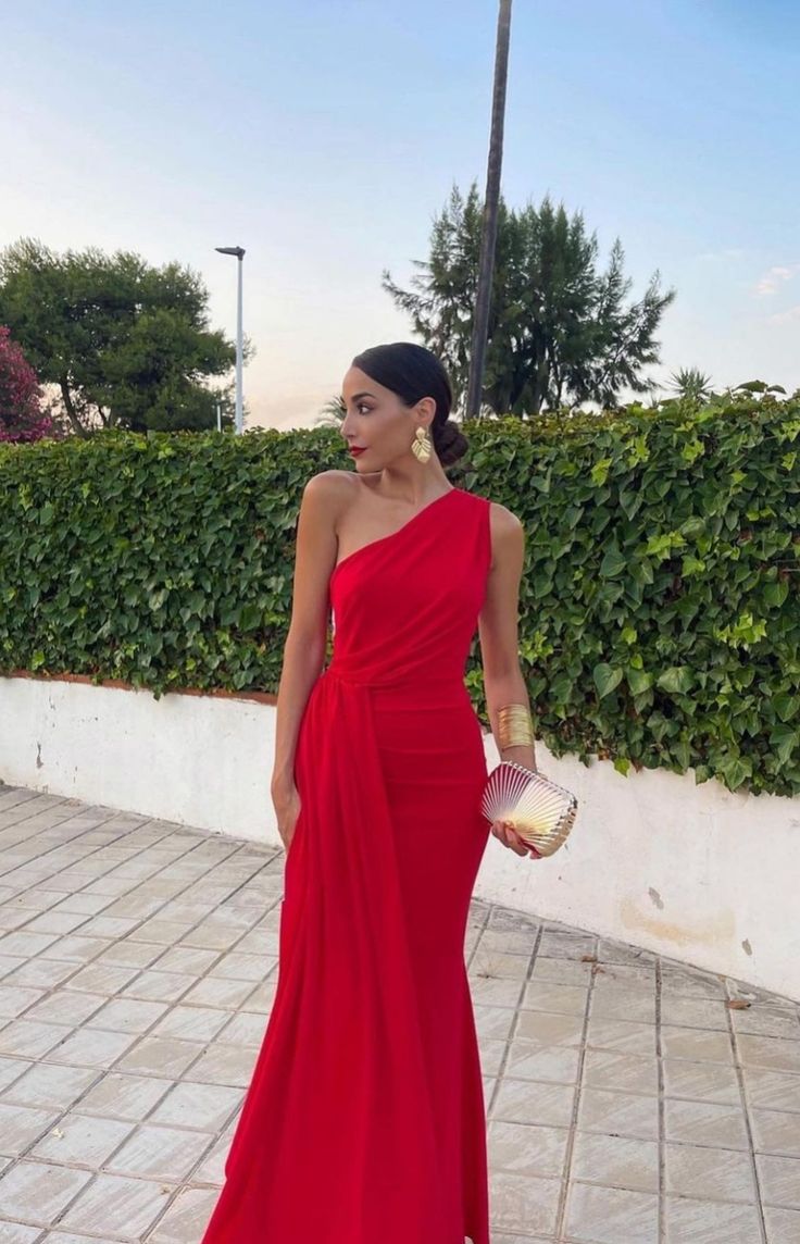 Red Party Dress Elegant Mermaid One Shoulder Prom Dress