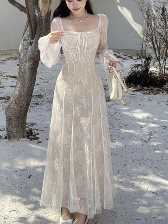 Women's A-line Lace Long Simple Dress, Sexy Elegant Vintage Evening Dress