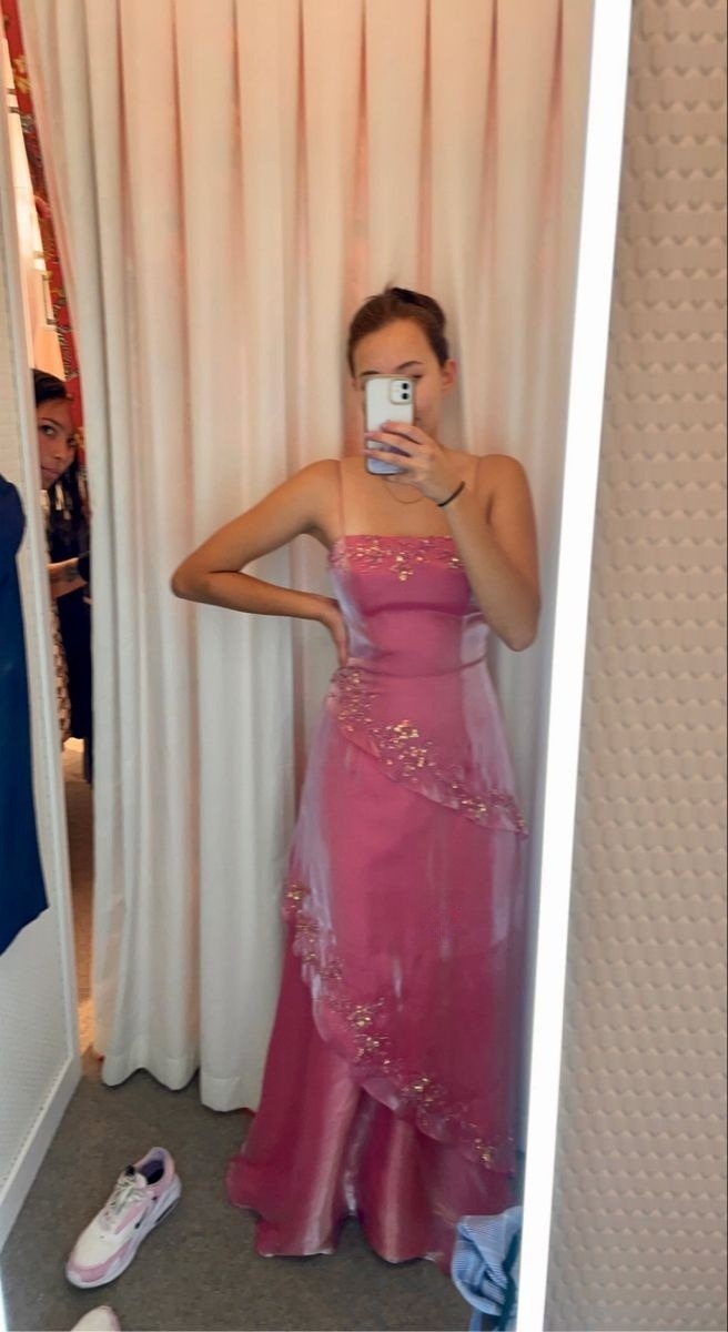 Spaghetti Straps Pink Long Prom Dress Formal Evening Dress