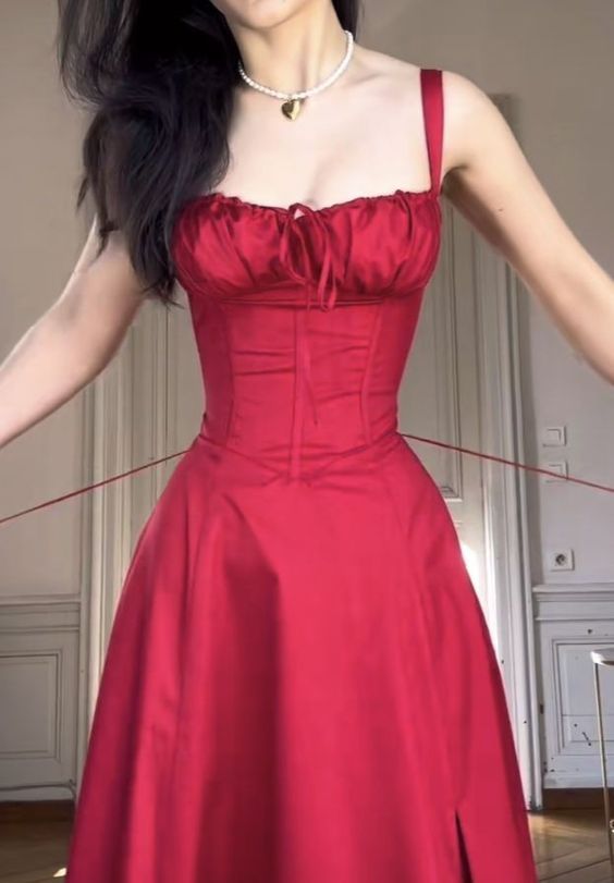 Women's Sleeveless Red Square Neck Party Prom Dress Split Sexy A-Line Midi Dress