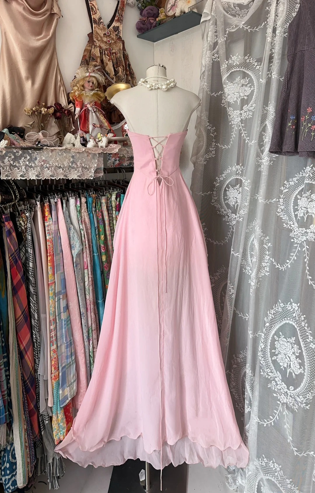Pink Chiffon Strapless Long Prom Dresses Vintage Formal Evening Dress