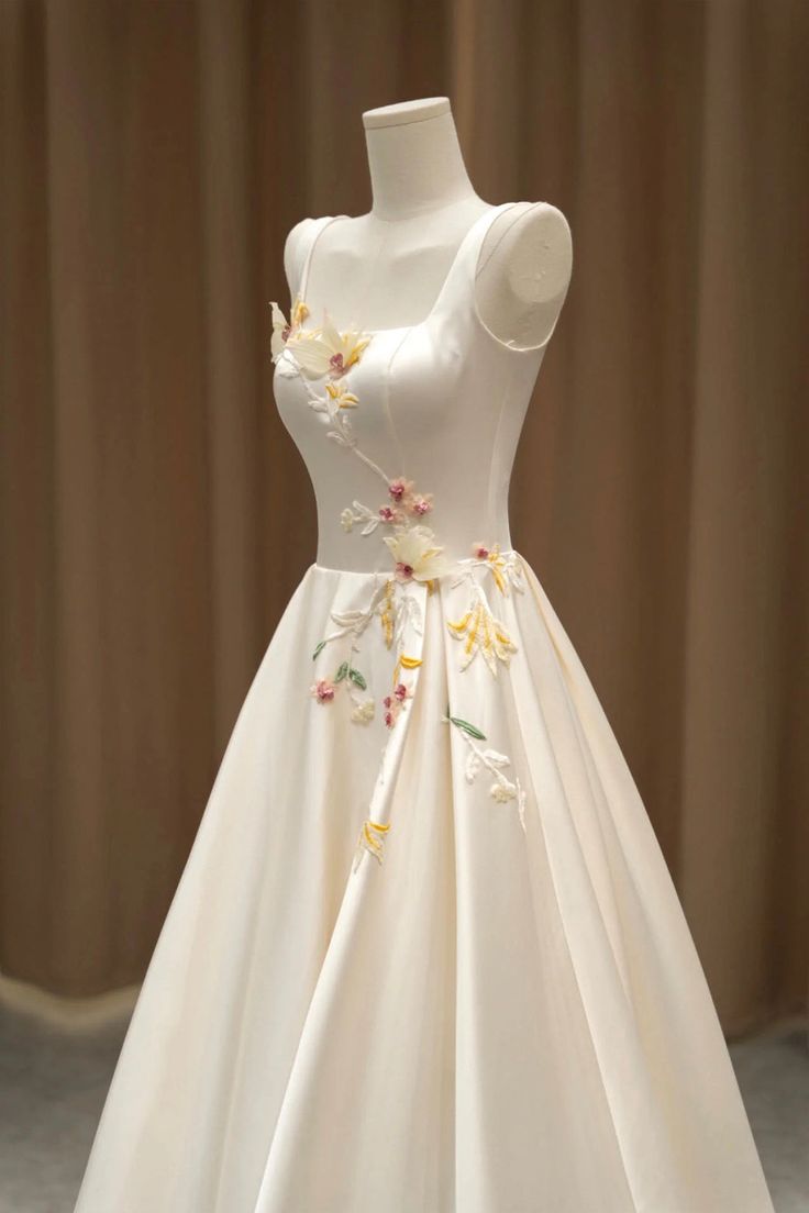 Elegant Satin Floor Length Formal Dress with 3D Flowers, Light Champagne A-Line Evening Party Dress