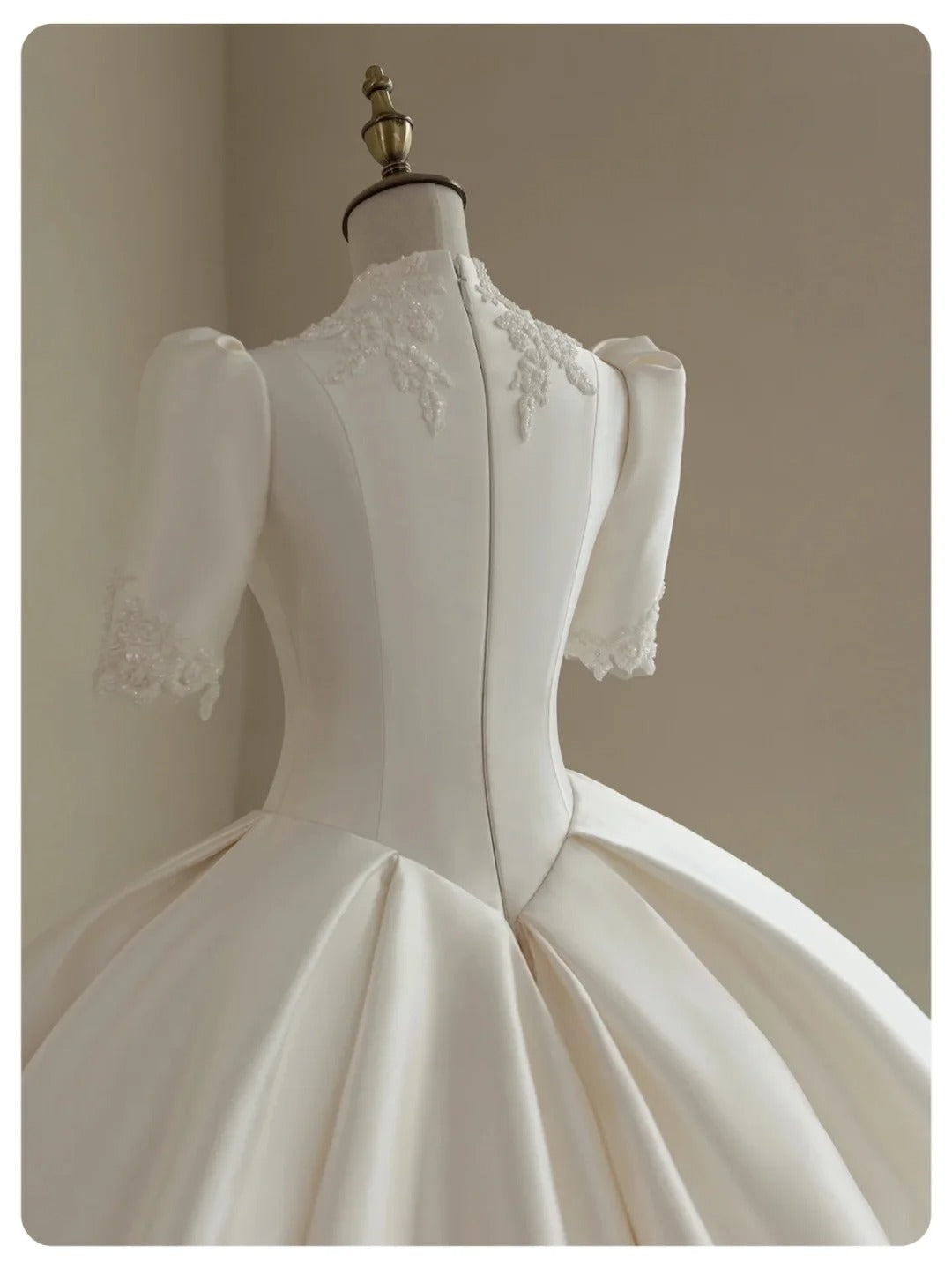 A Line White Deep V Neck Short Sleeves Satin Long Princess Wedding Dress