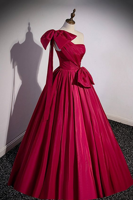 Satin Long Prom Dress, One Shoulder Evening Dress with Bow