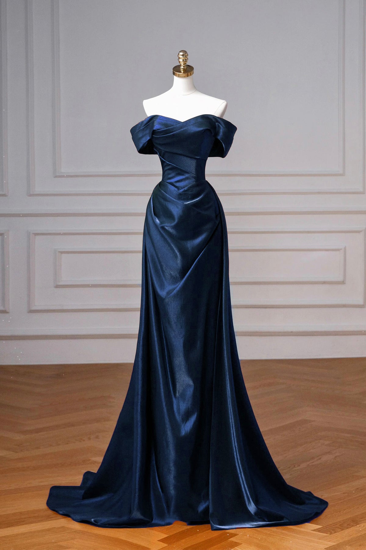 Navy Satin Long Prom Dress, Elegant Off the Shoulder Party Dress