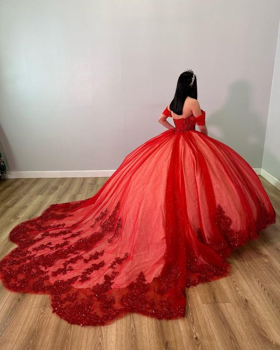 Red Off The Shoulder Ball Gown,Red Sweet 16 Dress,Princess Dress