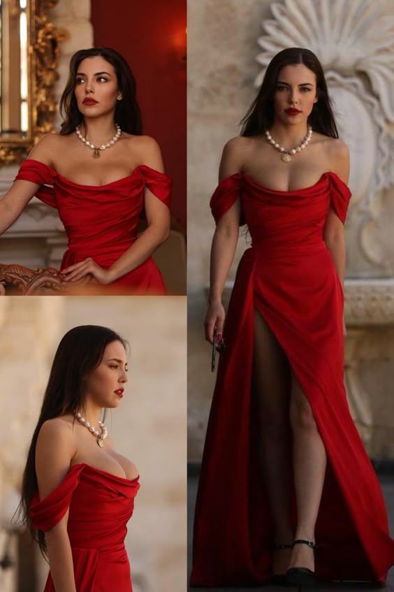 Elegant Off Shoulder Side Slit Mermaid Satin Red Long Prom Dresses