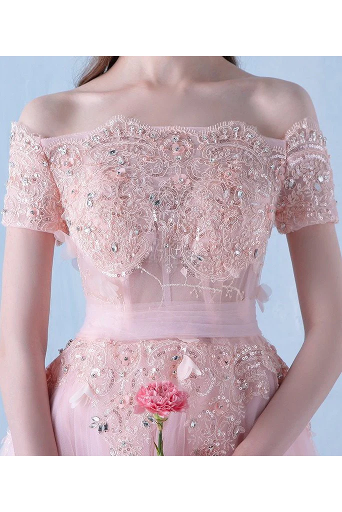 Pink Off the Shoulder Tulle Short Prom Dress with Beading, A Line Homecoming Dress