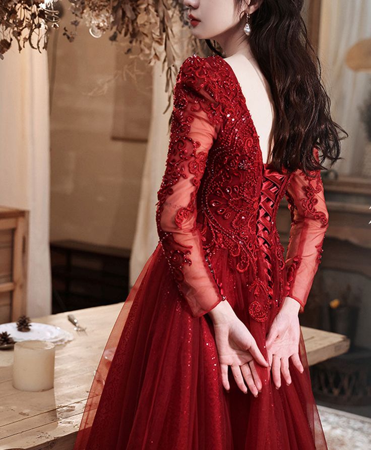 Burgundy Aline Lace Long Prom Dress, Burgundy Tulle Formal Graduation Dress