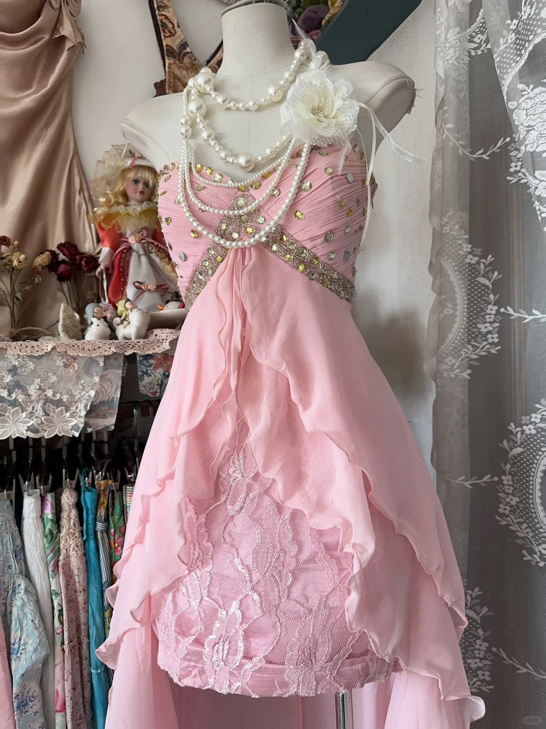 Pink Chiffon Strapless Long Prom Dresses Vintage Formal Evening Dress