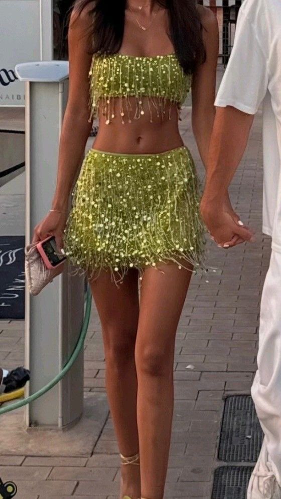 Fashion Sequin Tassel Green Two Piece Short Evening Dress Cocktail Dresses Short Party Dress