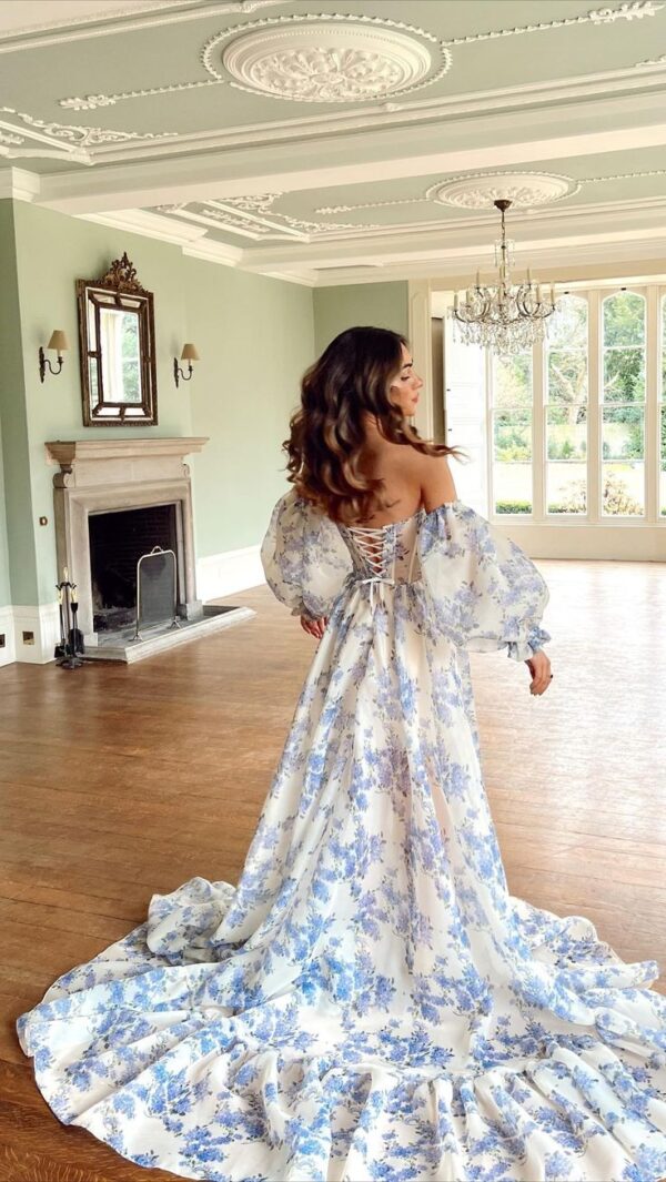 Chic Purple Strapless Chiffon Floral Print Long Prom Dresses