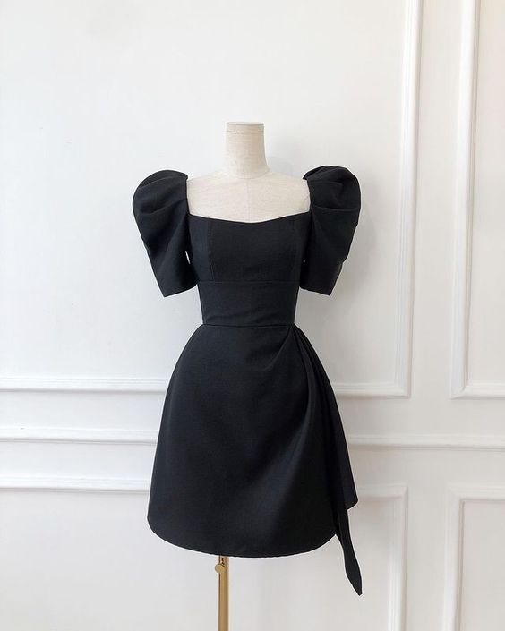 Cute black short prom dress,black hoco dress with short sleeves