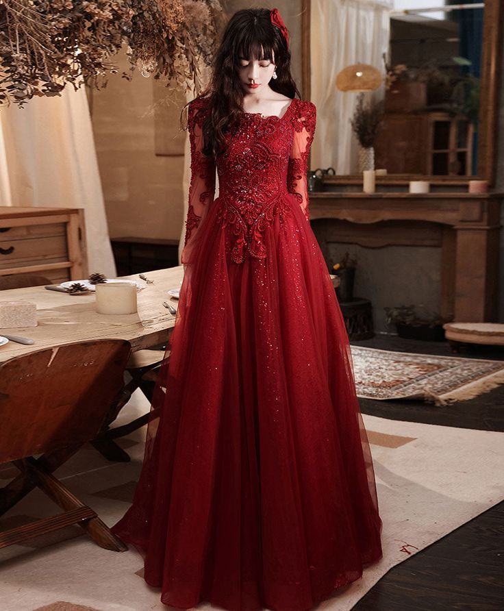 Burgundy Aline Lace Long Prom Dress, Burgundy Tulle Formal Graduation Dress