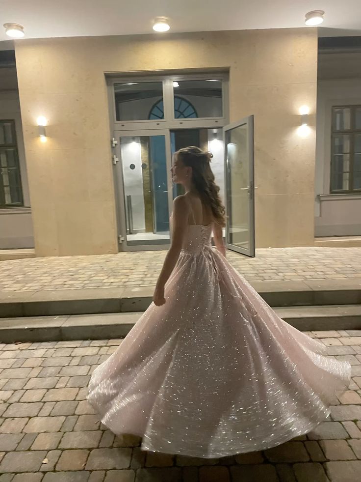 A Line Pink Spaghetti Straps Shinny Long Formal Dress Evening Party Dresses