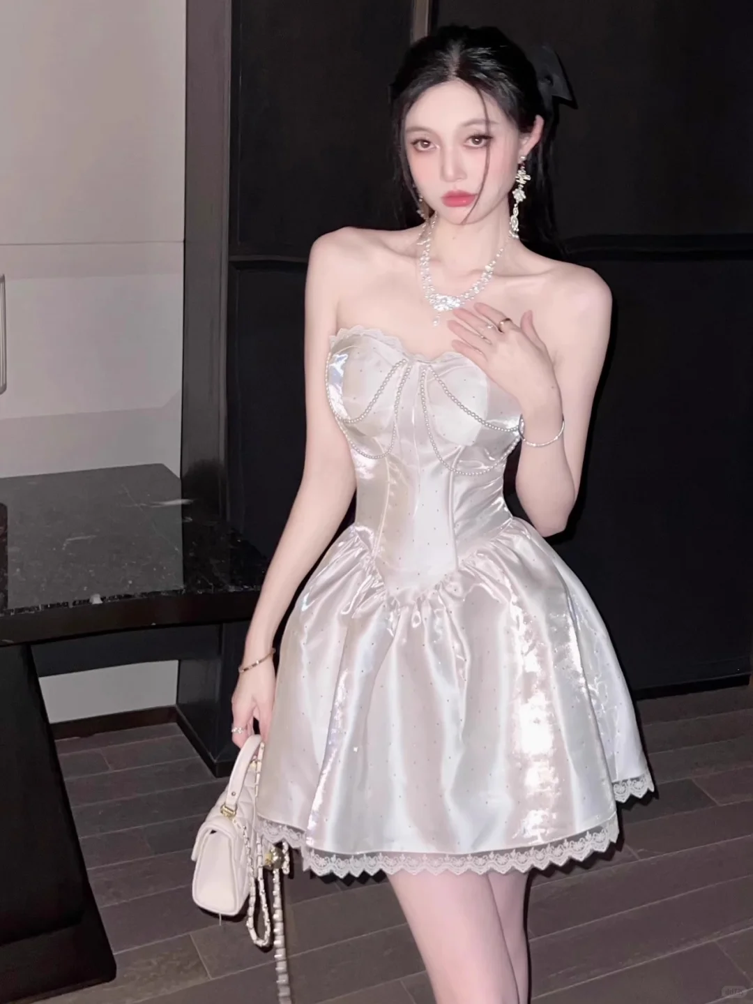 Classy Strapless White Satin Beaded Birthday Outfits A Line Short Homecoming Dress