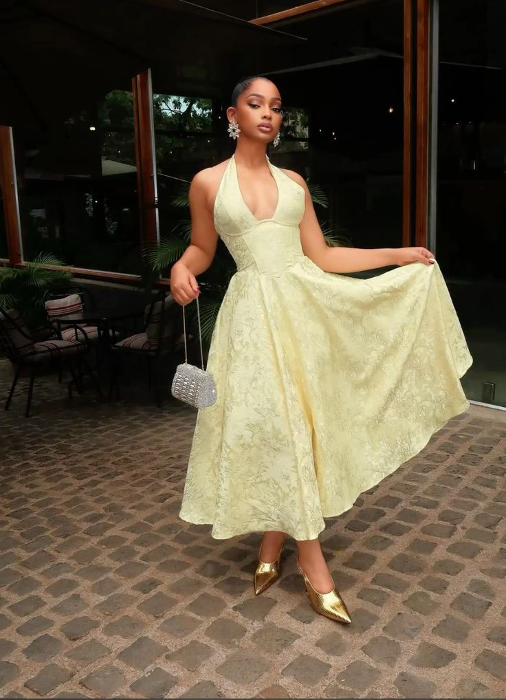 Yellow Halter Formal Dress Party Dress Long Evening Dress Prom Dresses