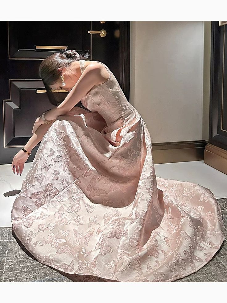 Chic Spaghetti Straps Pink Satin Print Prom Dress Evening Party Dress