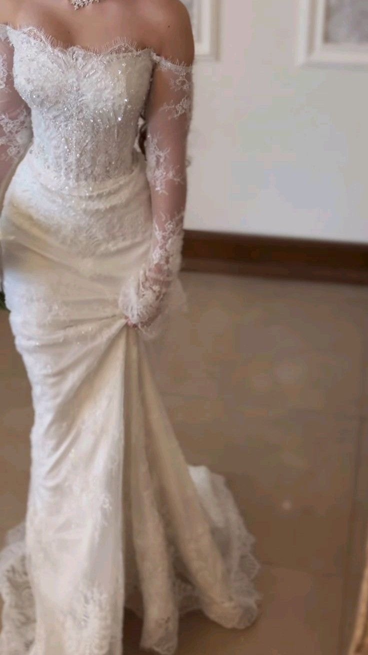 Pretty Off The Shoulder White Tulle Lace Beaded Mermaid Long Wedding Dress