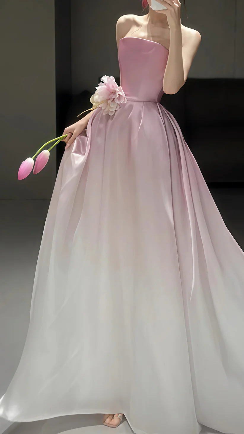 Fairy Ombre Pink Strapless Party Evening Dress,Formal Prom Dress With Flowers