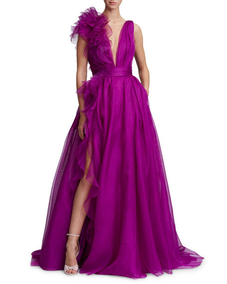Deep V Neck Tulle Prom Dress Purple Tulle Panel Evening Dress cc05