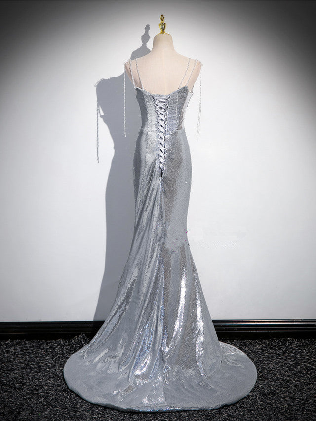 Charming Silver Mermaid Sequins Spaghetti Straps Pleated Prom Dress Long Party Dress
