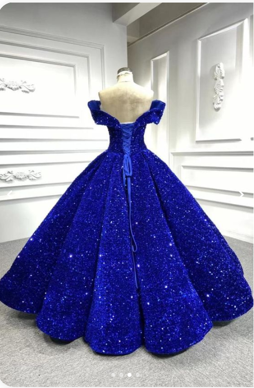 Royal blue sequin prom ball gown sweet 16 dress off the shoulder princess Quince dress