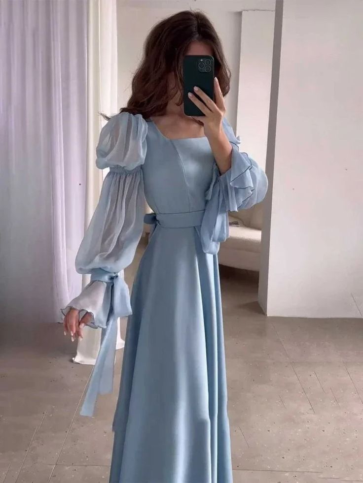 Light Blue Puff Sleeves Long Evening Dress