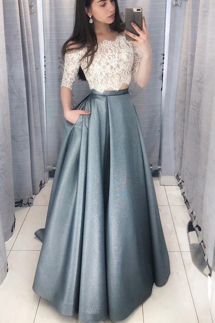 Two Piece Long Prom Dress with White Lace Top