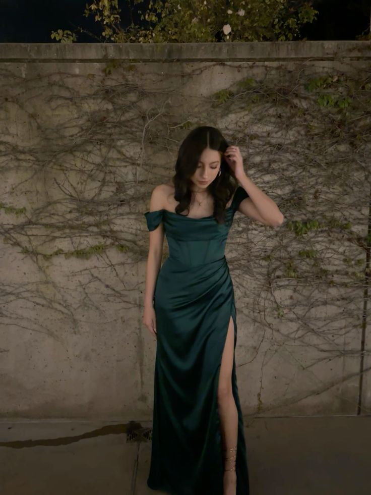 Off Shoulder Side Slit Dark Green Satin Long Evening Prom Dresses