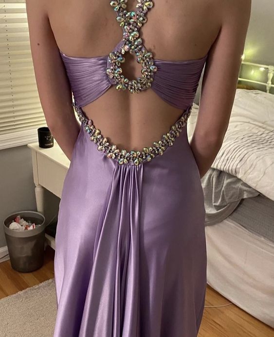 Glamorous purple satin beaded long prom evening dresses