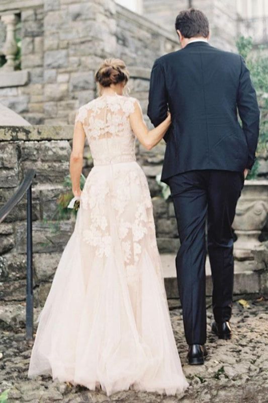 Elegant V-neck Sleeveless Cap Sleeves Floor-Length Wedding Dress