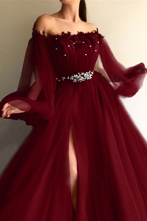 Chic Off-the-Shoulder Long Sleeves Elegant Evening Dresses With Beads